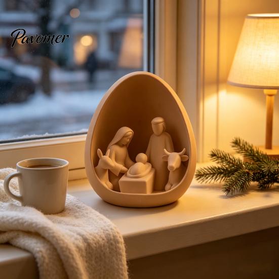 Настольное декоративное украшение, 3D-печатная фигурка Рождественской сцены в форме яйца, Святое Семейство, Ясли, Прочная скульптура из PLA-пластика, Минималистичная