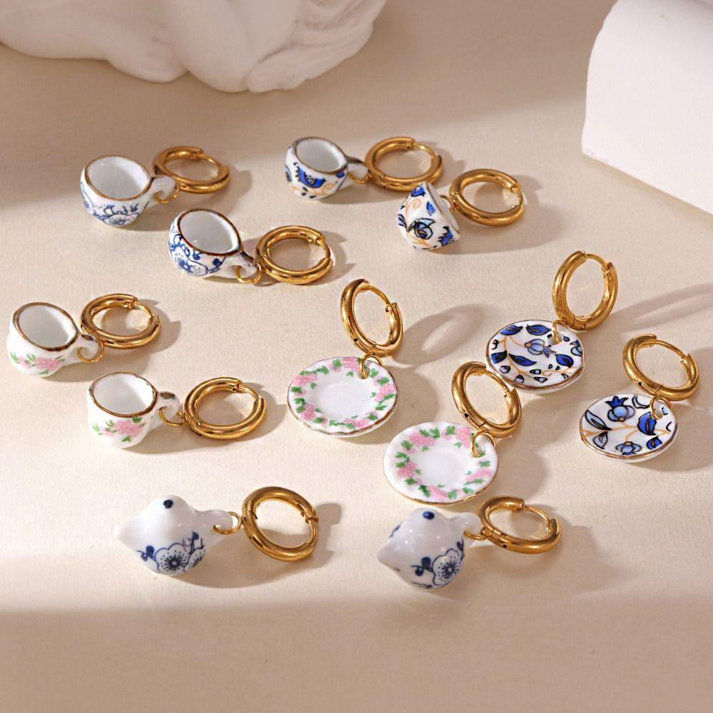 Stainless Steel Blue and White Porcelain Earrings Chinese Style Gold Enamel Hoop Earrings  Girls