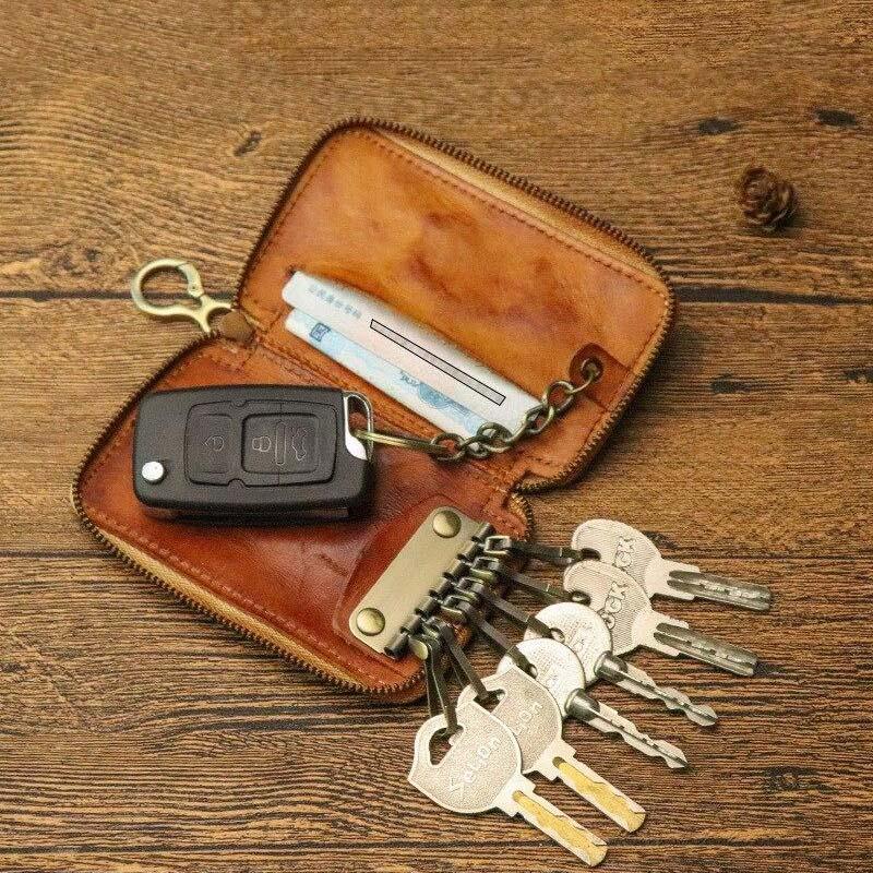 Handmade Geanuine Leather Key Case Wallet for Car and Card Case Keychain Wallet with Key Ring