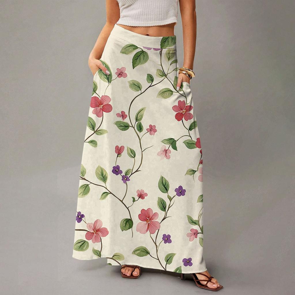 Женская повседневная складная юбка макси с цветочным принтом, высокой талией и карманом, с драпировкой