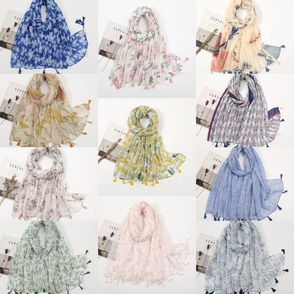 Fresh Printed Cotton and Linen Feel Tassel Scarf Shawl for Summer Ladies Long Scarf Travel Beautiful Long Silk Scarf