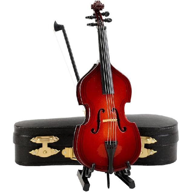 Wooden Miniature Double Bass with Stand, Bow and Case Mini Musical Instrument Contrabass Replica Collectible Figurines Upright Bass Model Home