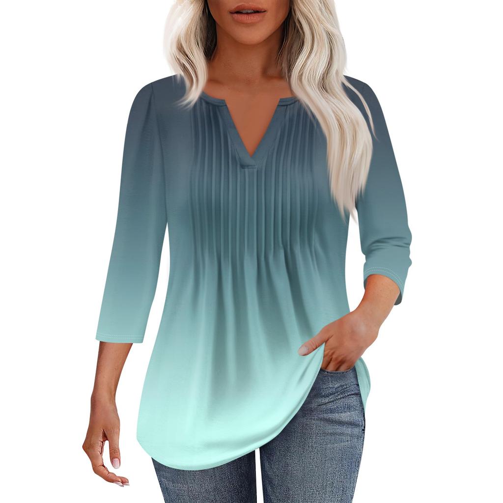 Women's Fashionable Casual Pleated V Neck Solid Color Seven Quarter Sleeve T-shirt Top