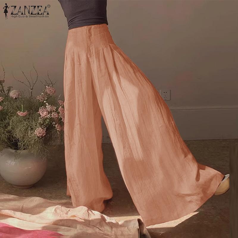 ZANZEA Женские летние брюки с высокой талией и молнией, однотонные, широкие брюки