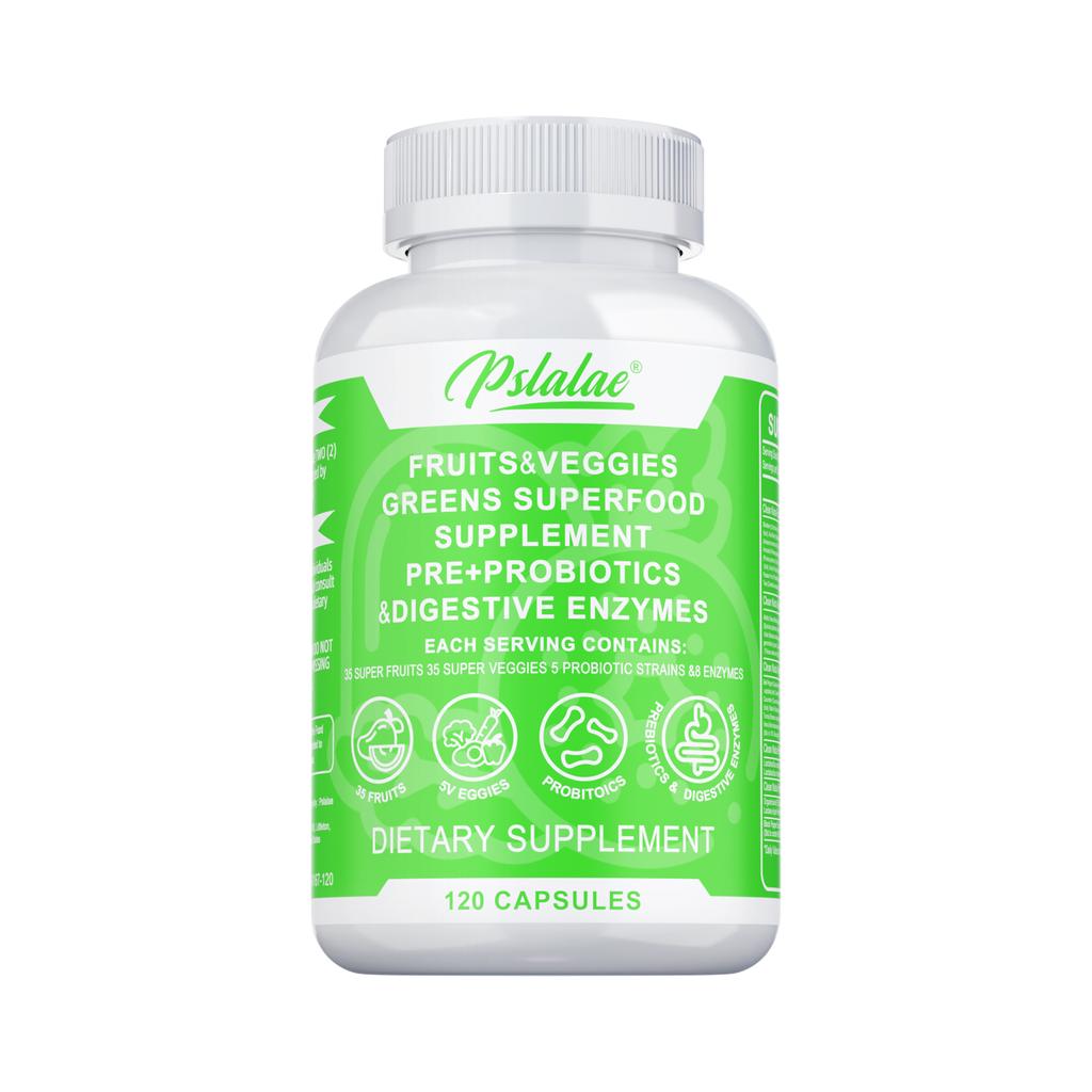 Natural fruit and vegetable blend capsules; supports gut health, aids digestion, boosts immunity; suitable for adults.