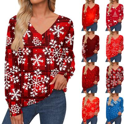 Женская повседневная модная рождественская рубашка со снежинками и длинными рукавами, манжетами на пуговицах, с V-образным вырезом, свободная футболка, осенняя одежда