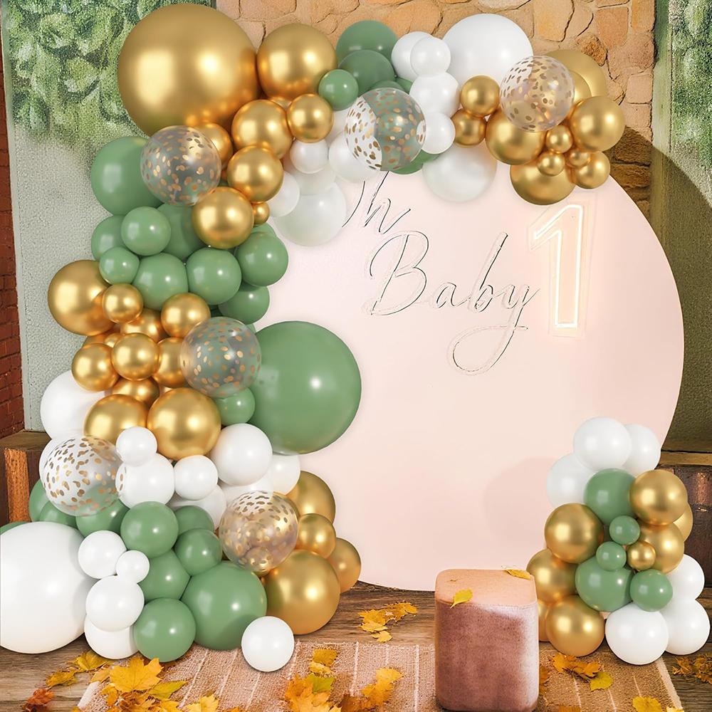 Jungle Theme Balloons Garland Sage Green White Gold Confetti Balloon Arch Kit Wedding Anniversary Home Birthday Party Decoration