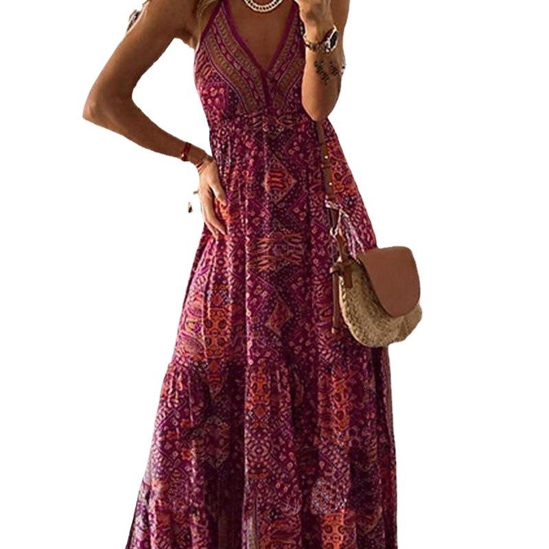 Европейское и американское новое богемное платье-комбинация с принтом, на бретельках, с высокой талией, V-образным вырезом, в цветочек, летнее платье, женская одежда