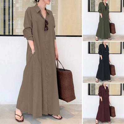 Женское весеннее платье с отложным воротником, свободное однобортное однобортное платье с длинными рукавами и карманами на пуговицах, тип рубашки до щиколотки, осеннее повседневное платье макси