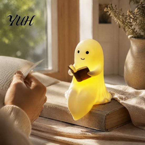 Halloween Room Decorations Ghost Lamp, Cute Middle Finger Ghost/Reading Book Night Light, Funny Space Saving Wall Lamp Spooky Figurine for Tabletop,
