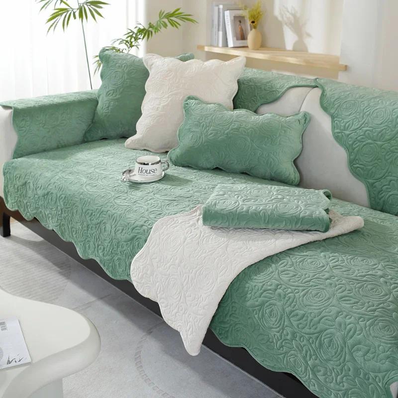 Dutch Velvet Embroider Sofa Cover Non-slip Corner Couch Slipcover Autumn Winter Universal Sofa Cushion Solid Color Sofa Cushion