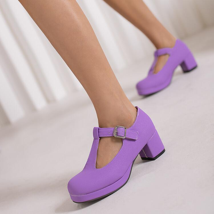 Женские туфли-лодочки на толстом высоком каблуке с круглым носком и Т-образной завязкой с пряжкой для вечеринки, лаконичная модная весенне-осенняя обувь, белый, синий, зеленый, фиолетовый