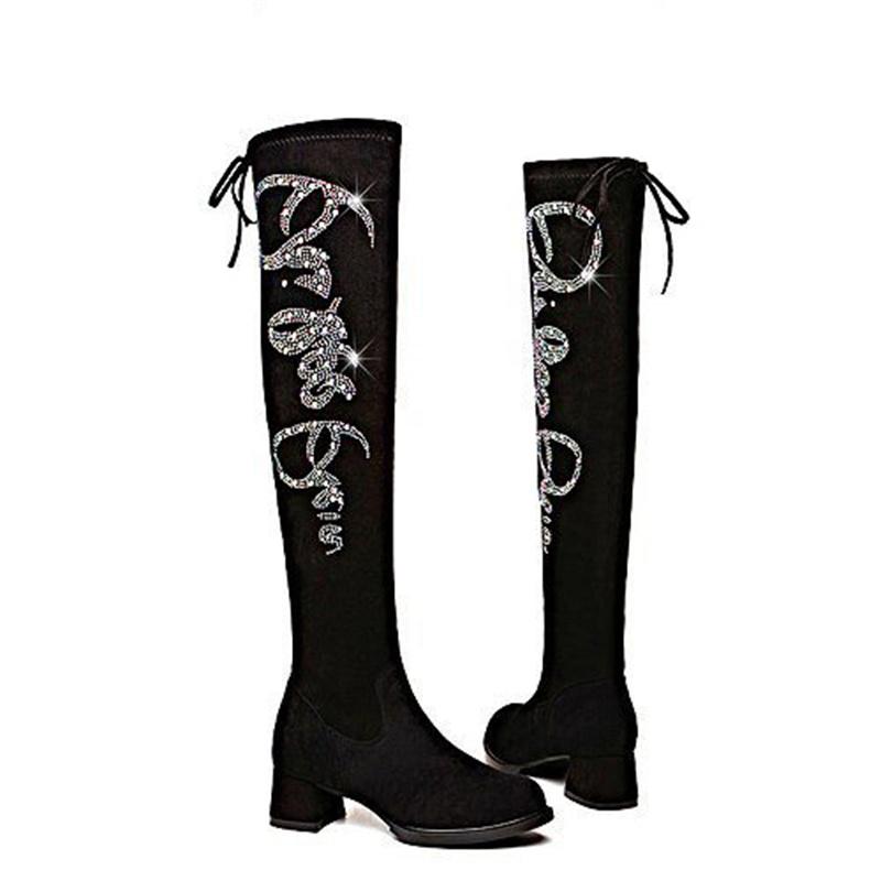 Большие повседневные сапоги до колена, осенне-зимние, на шнуровке, со стразами, на толстом каблуке, бархатные, эластичные, длинные сапоги 35-40