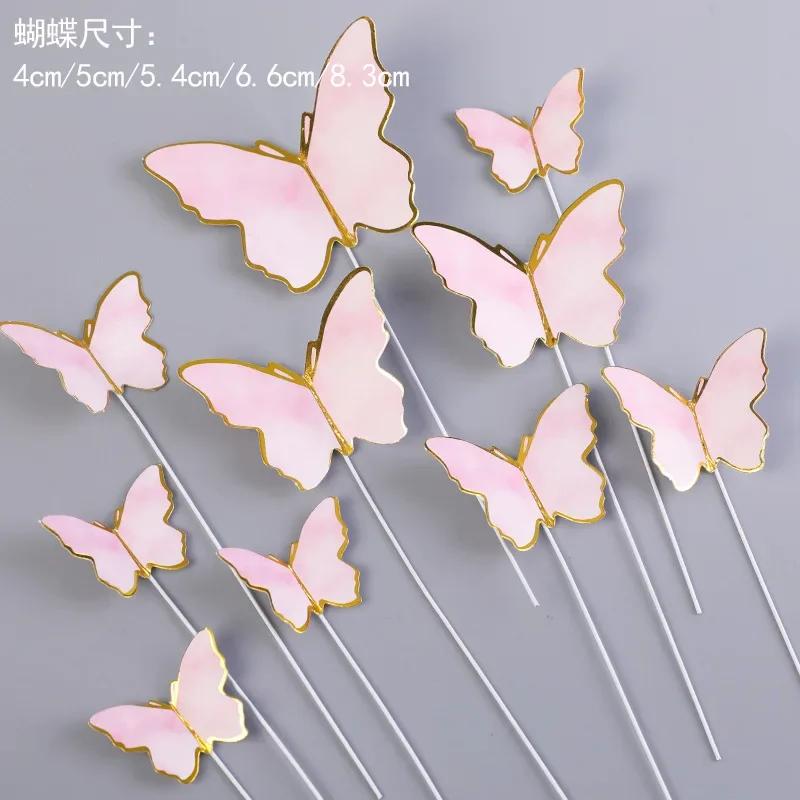 10 шт. Золотые бабочки, украшения для торта, с днем рождения, акриловые украшения для торта, имитация бабочек, украшение для свадебной вечеринки, украшение для торта