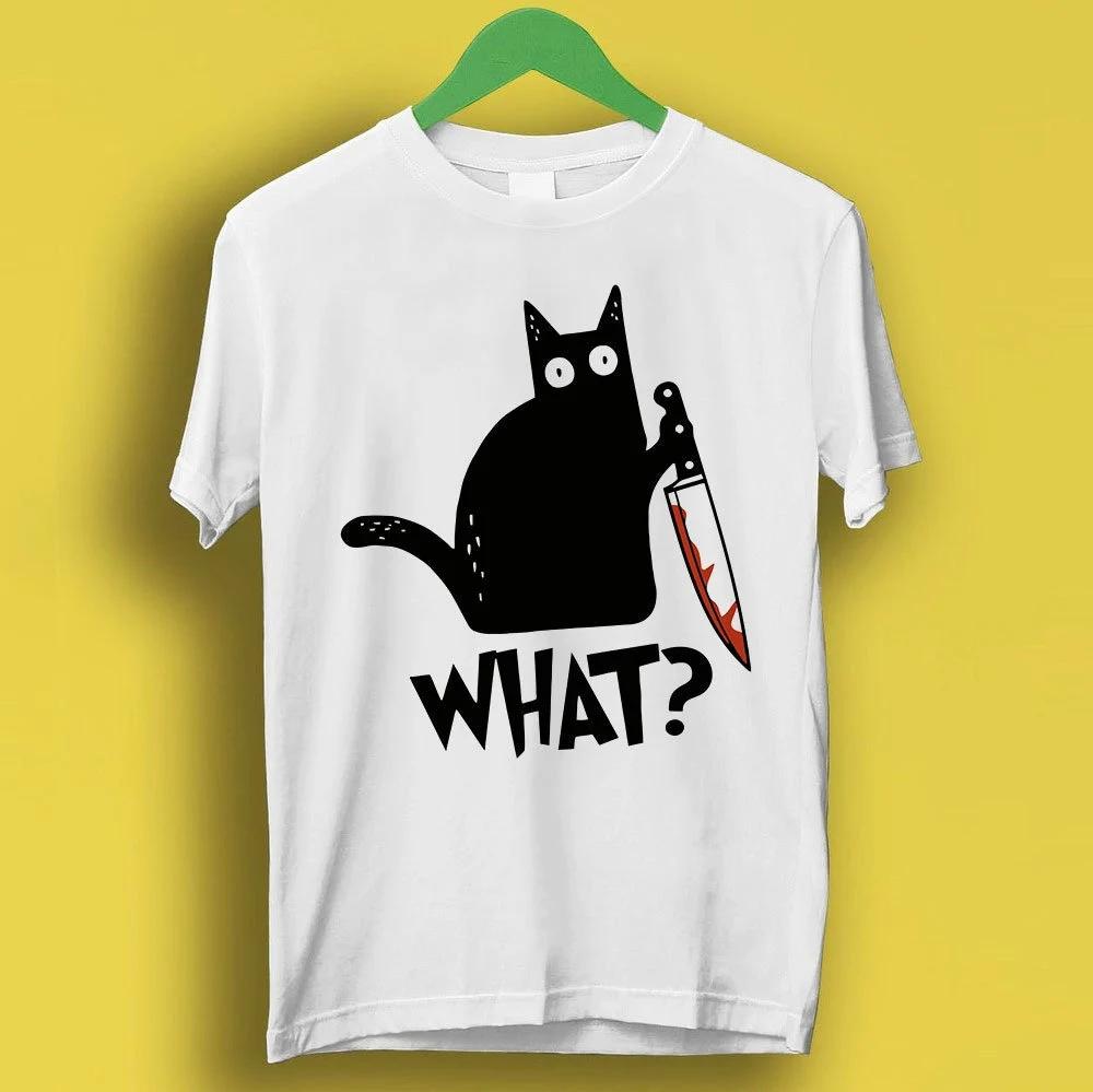 Cat What Murderous Black Cat With Knife T Shirt Meme Gift Funny Tee Vintage Style Unisex Gamer Cult Movie Music