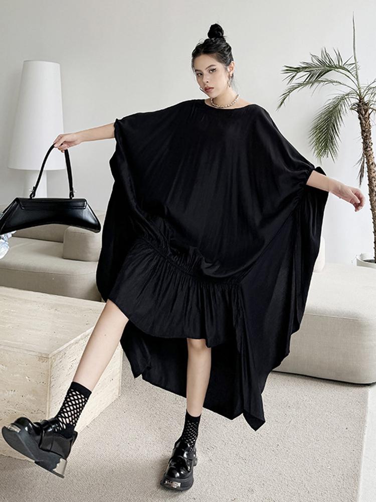 Xitao Black Irregular Batwing Sleeve Dress Loose Fashion Folds Patchwork Hem 2024 Summer New Personality Women WLD20226