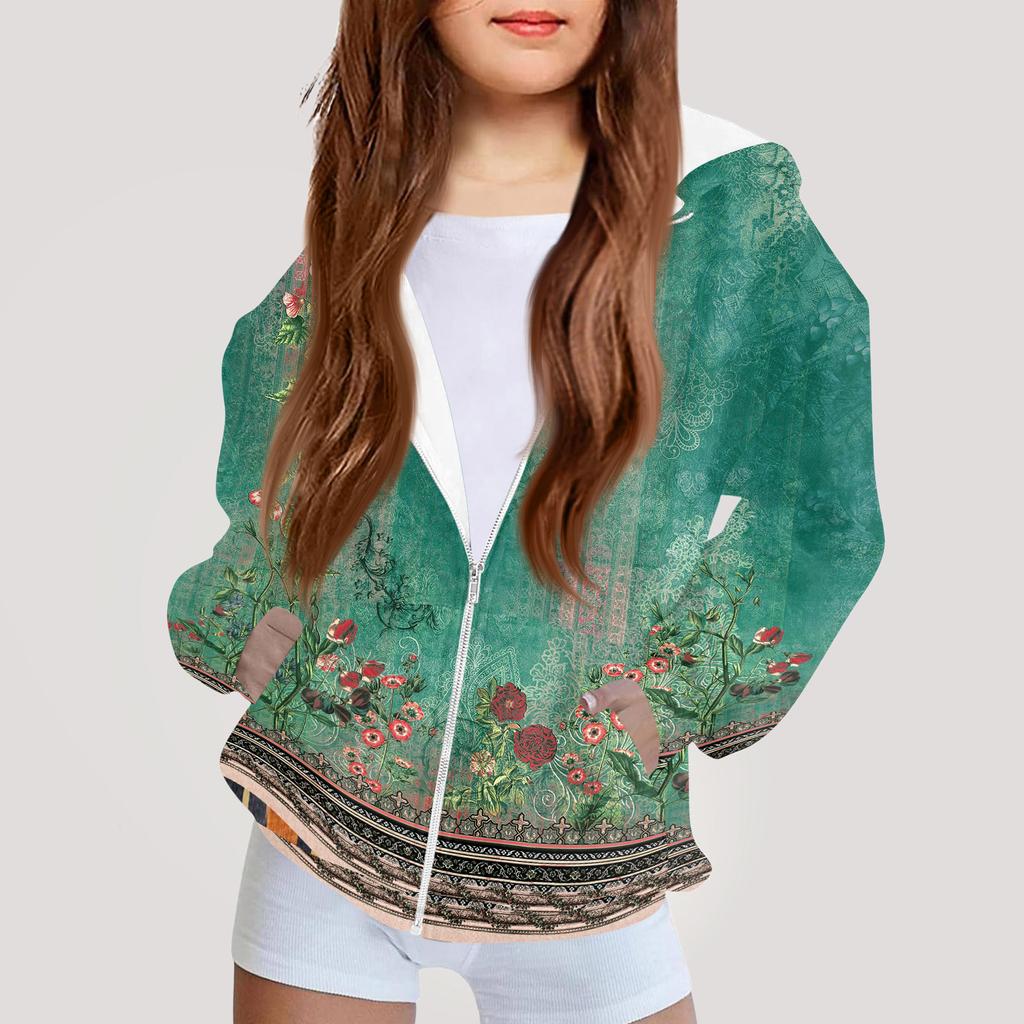 Детская мода Принтованная толстовка с капюшоном с длинными рукавами Куртка-худи для девочек