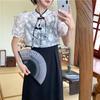 Женское летнее двухпредметное платье-туника в китайском стиле с жаккардовым узором и пуговицами-лягушками
