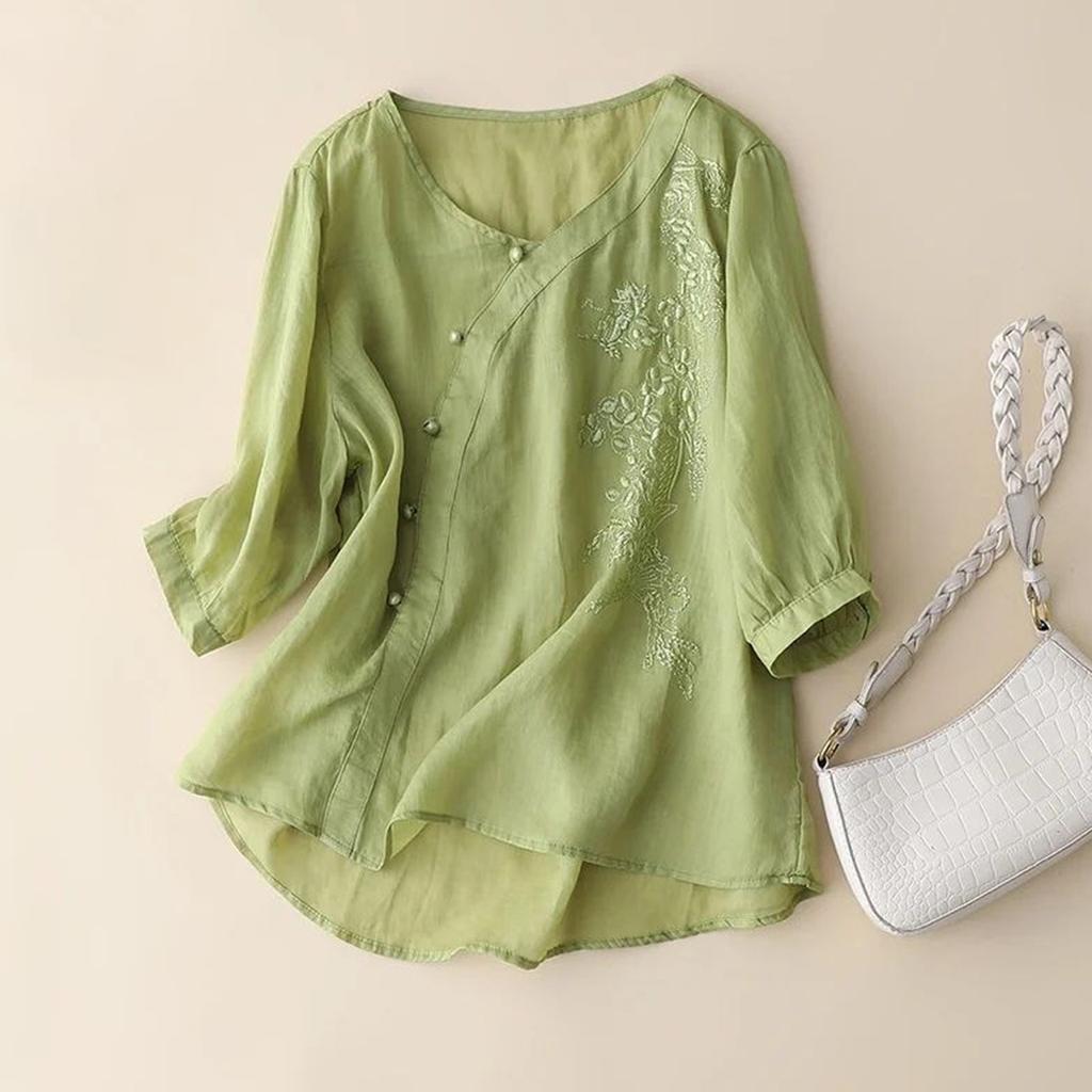 Women's Solid Color Cotton And Linen Short-sleeved Embroidered Retro Breathable T-shirt Round Neck Top