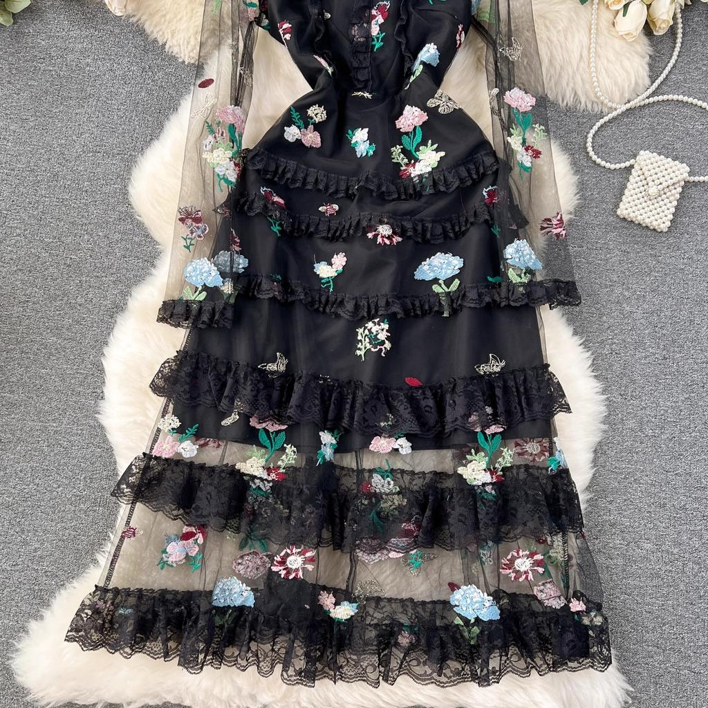 Французское винтажное вечернее платье с вышивкой цветов, летнее платье с длинным рукавом, принцесса, фея, платья, кружево, сетка, оборки, одежда