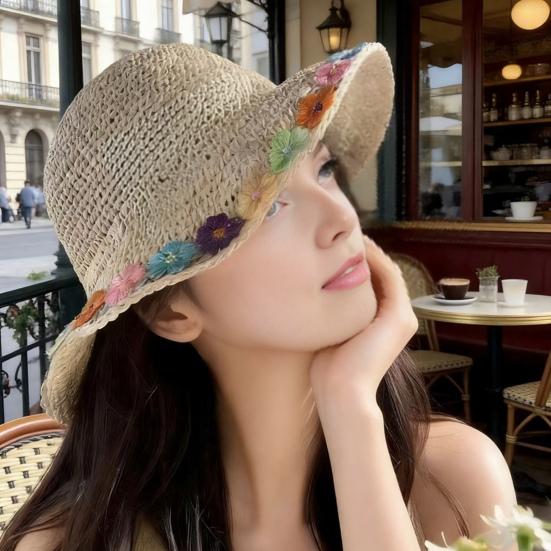 Beach Hat Hollow Design Large Eaves UV Blocking Colorful Flower Decoration Sun Protection