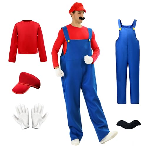 CHALAN Halloween cosplay costume adults 5-piece set overalls T-shirt hat gloves mustache Christmas event school festival disguise transformation gift