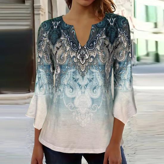 Women T-Shirt V-neck 3/4 Sleeve Pullover Tops Floral Print Lightweight Breathable Casual Tops Streetwear