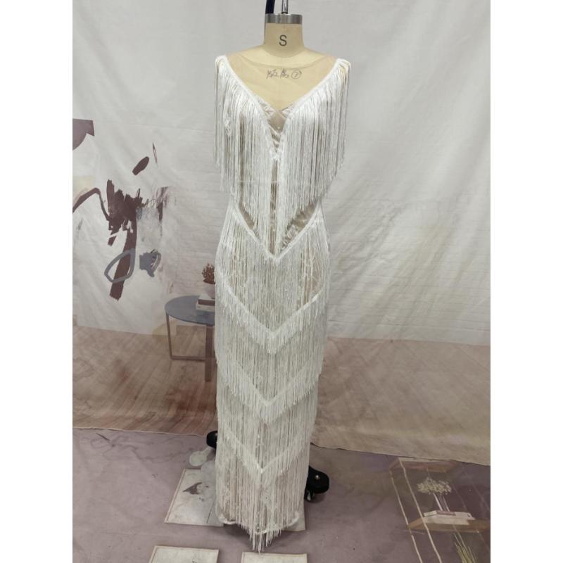 Women Elegant V Neck Sleeveless Lace Tassel Bridal Maxi Long Dress Host Wedding Bride Bridesmaids Party Gowns