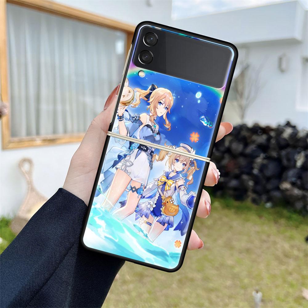 Роскошный чехол для Samsung Galaxy Z Flip 4 3 5G, черный ПК, жесткие чехлы для телефонов, модная задняя крышка ZFlip Funda Genshin Impact Game Shell
