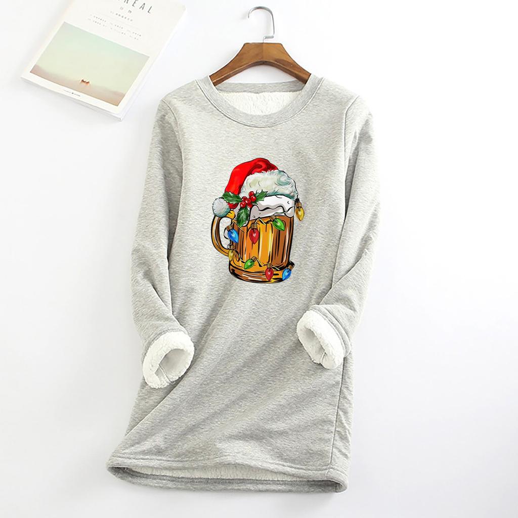 Женский круглый вырез с принтом из утолщенного плюша и кашемира, теплый длинный топ