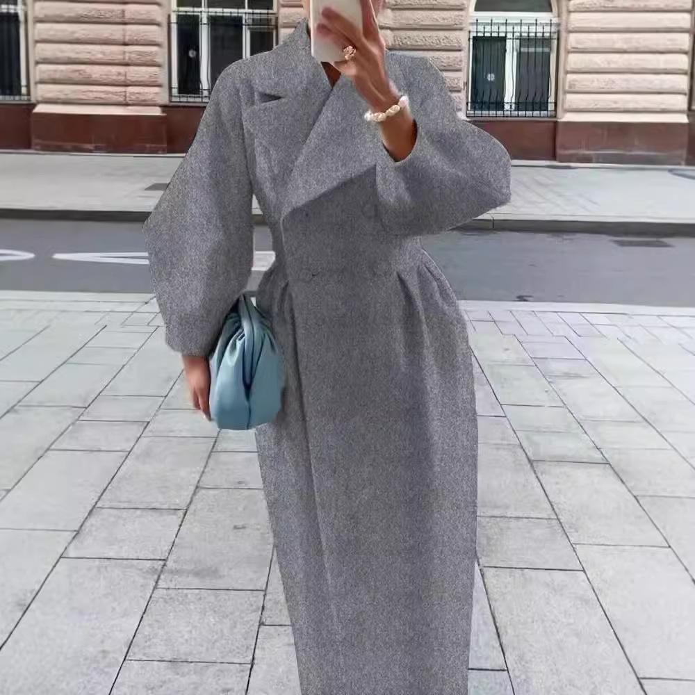 Женское элегантное двубортное длинное пальто из шерстяной смеси, зимнее пальто с большими лацканами и поясом, модная приталенная верхняя одежда в дворцовом стиле