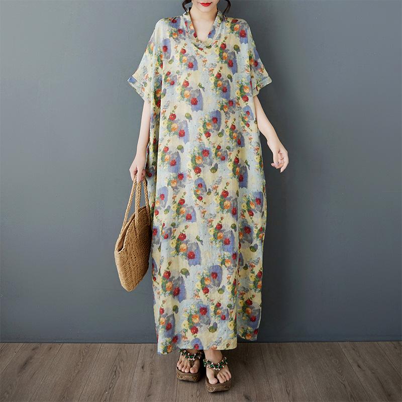 Dimanaf 2025 Лето Женщин Плюс Размер Свободное Платье Цветочный Принт Короткий Рукав Платье Базовое Повседневное Платье Винтаж Макси