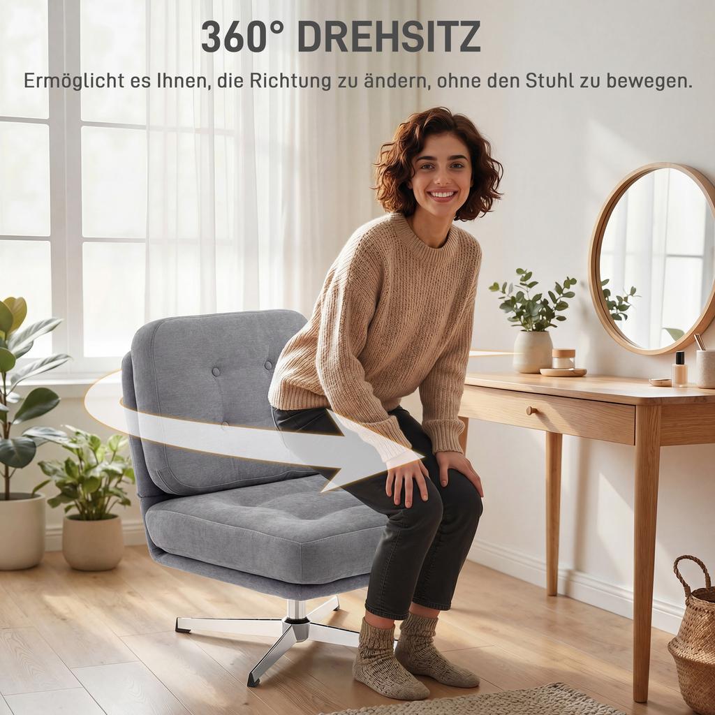 Swivel Accent Chair, Upholstered Reading Chair with Chenille, Wide Seat, Spring Cushion and Metal Legs, Light Grey