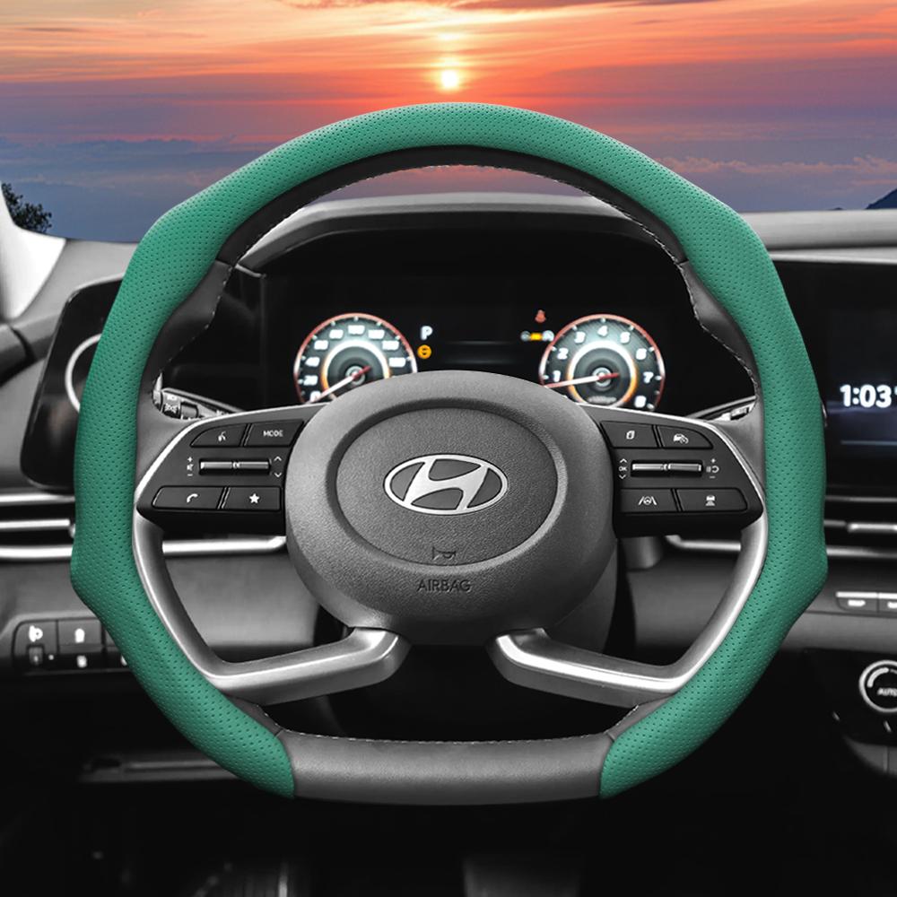Подходит для Hyundai, Кожаная перфорированная накладка на рулевое колесо, Нескользящая, Впитывающая пот, Дышащая, Интегрированный защитный чехол Elantra N Sonata Ioniq
