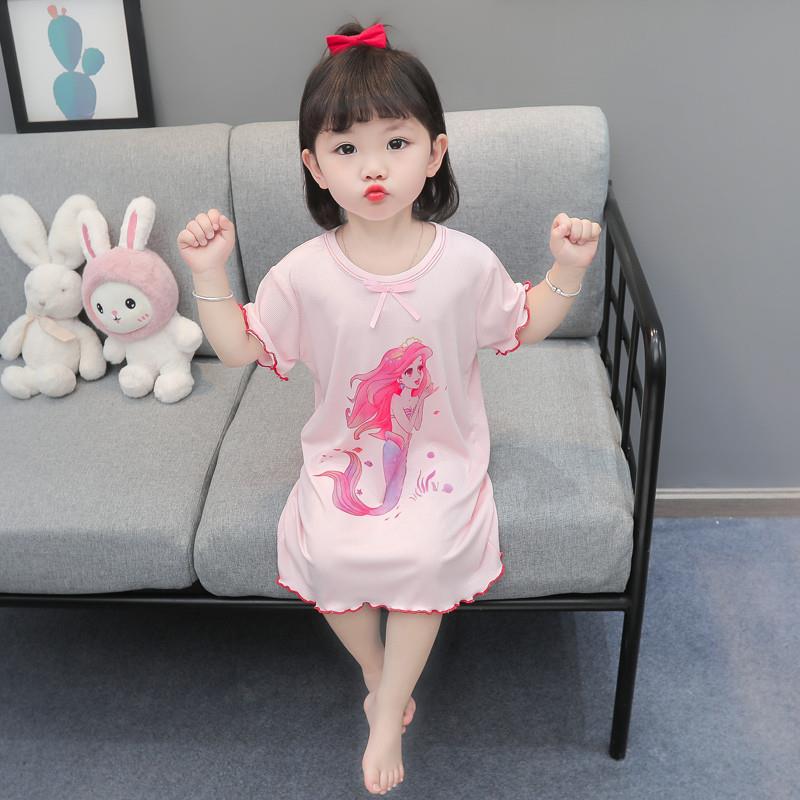 Girls Mermaid Princess Short Sleeve Nightgown Summer Ice Silk Thin Pajamas Kids Baby Home Wear Dress