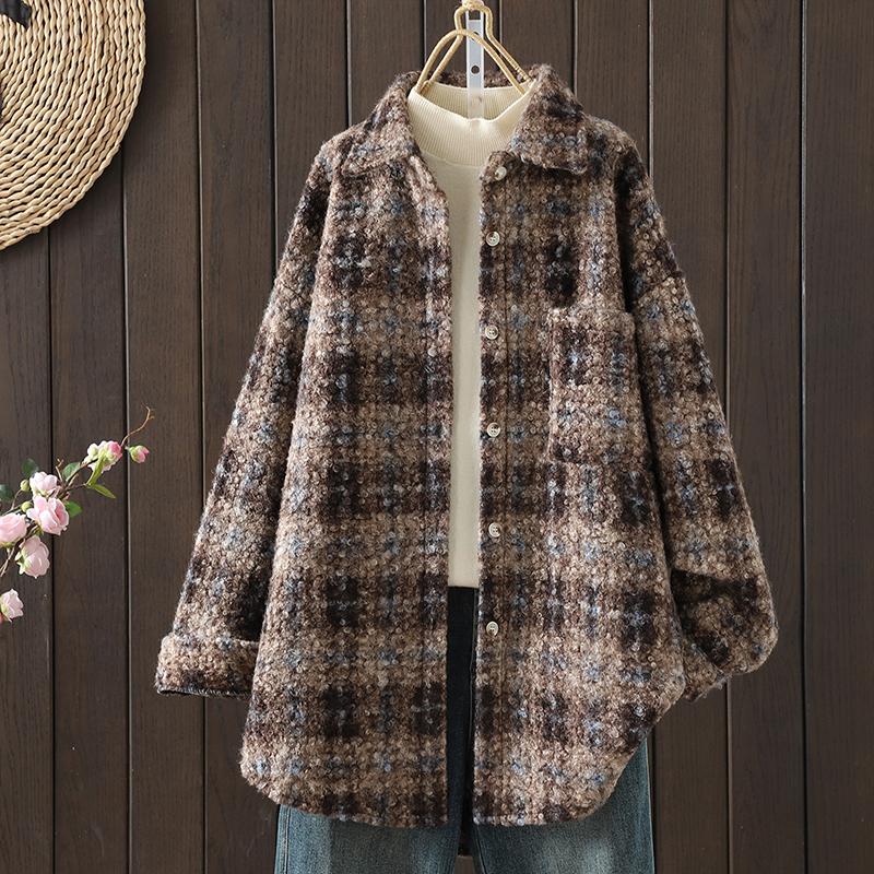 DIMANAF 2025 Новые осенне-зимние женские пальто и куртки больших размеров, свободная повседневная верхняя одежда, винтажная женская клетчатая хлопковая толстая с длинным рукавом