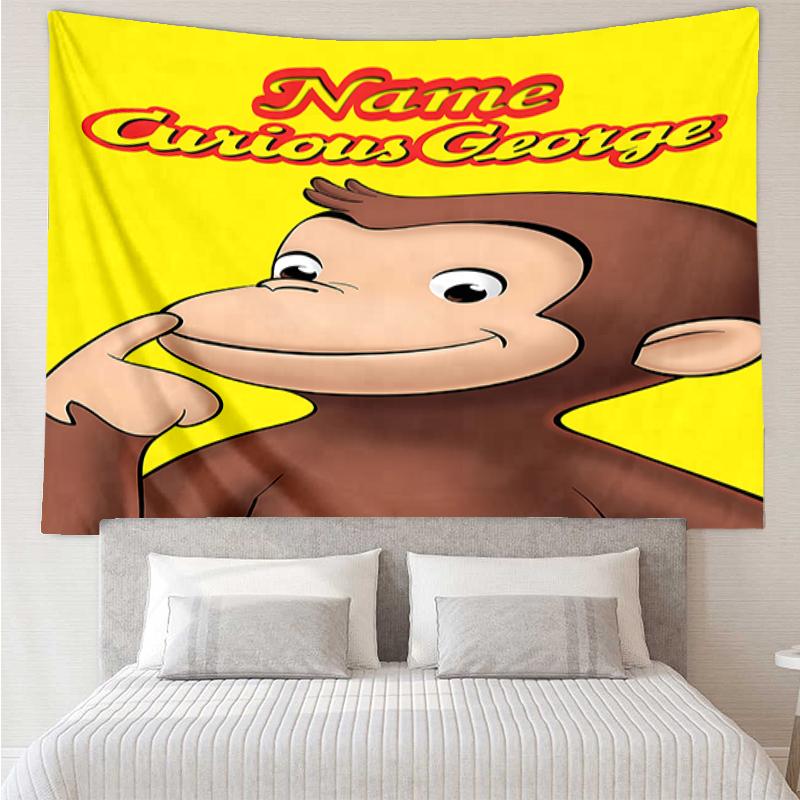 Custom Name Curious George Print Tapestry, Backdrop, Easy Setup, Ideal for Bedroom, Office & Living Room, with Aesthetic Wall Hanging Decor.