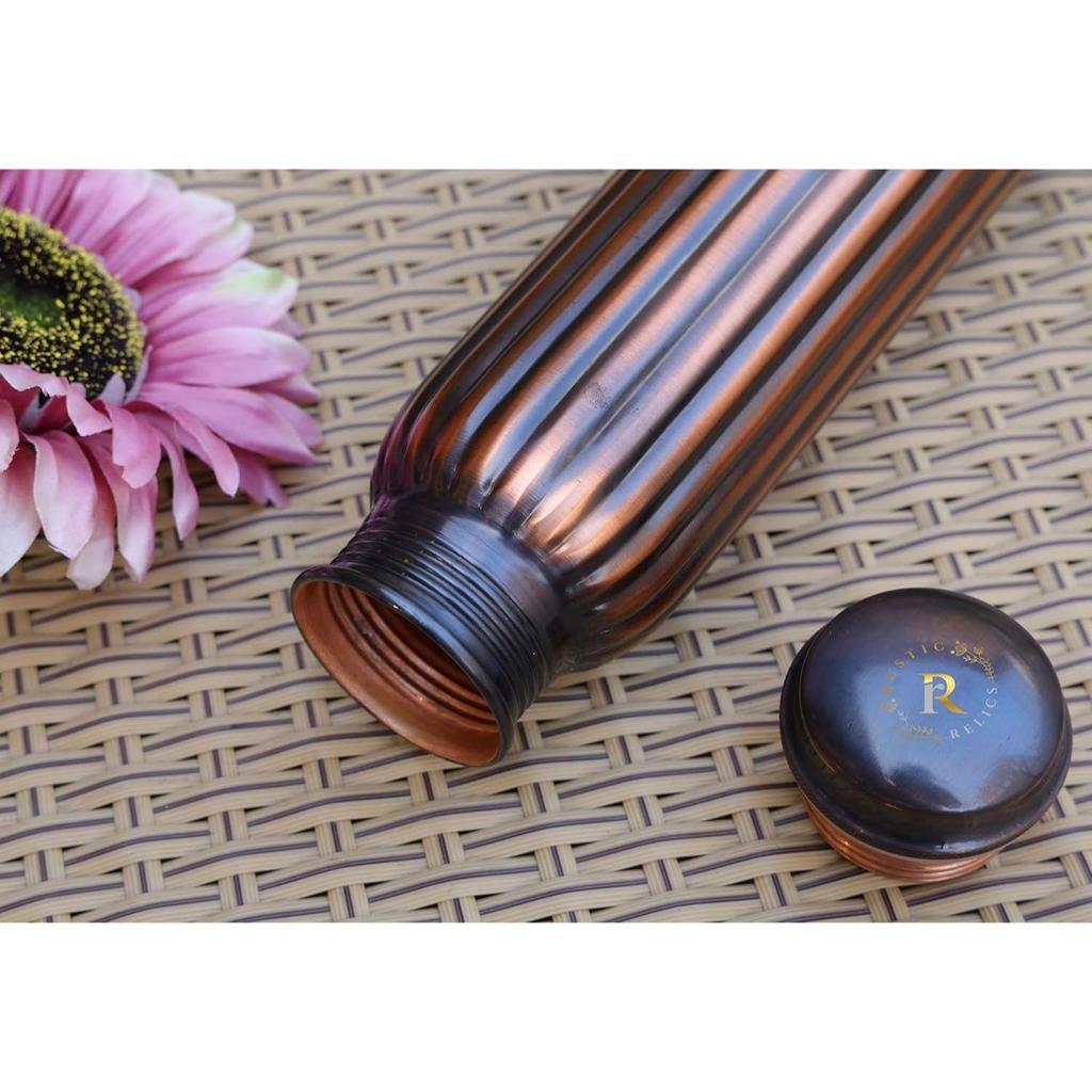 Pure Copper Water Bottle - 1L Hand Made | Antique Rope Design With Leak-Proof Lid | Ayurvedic Copper For Health Benefits |