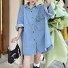 Women Fashion Casual Jeans Shirt Turn Rolled Up Long Sleeve Down Collar Denim Jacket with Pockets