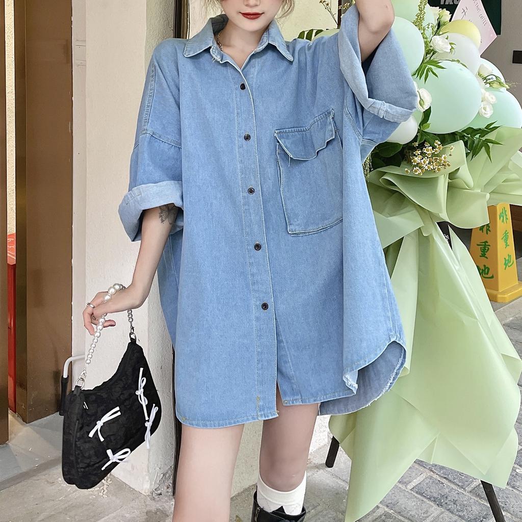 Women Fashion Casual Jeans Shirt Turn Rolled Up Long Sleeve Down Collar Denim Jacket with Pockets