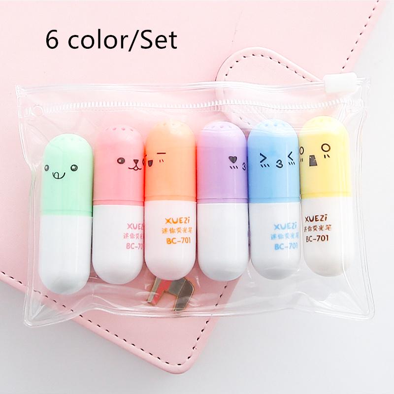 6 шт., милая капсульная ручка-хайлайтер, мини-таблетки, цветной точечный маркер, лайнер для письма, канцелярские принадлежности