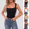 Women Summer Vest Square Collar Wide Shoulder Strap Sleeveless Tank Tops Solid Color Slim Fit Ribbed Camisole