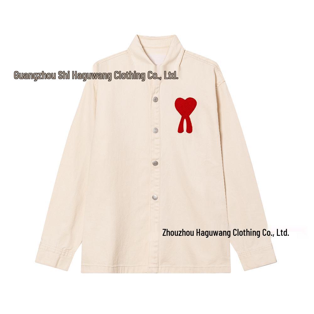 AMI CLAMS 25 Весна/Осень Джинсовая куртка с вышивкой в виде сердца - Унисекс Свободный крой Повседневная