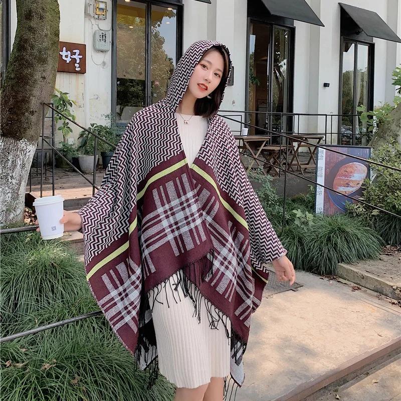 21 Style Big Pendulum Cloak With Hat Arabic Poncho Women Leopard Pocket Shawl Cape Knitted Middle East Split Thick Warm Blanket