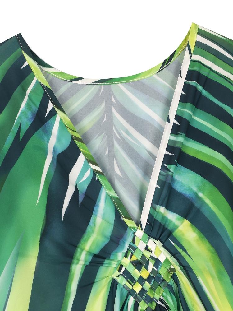 EDOLYNSA Oversize Women Kaftan Robe Outfit Bohemian Printed Vacation Chinese Knot V-neck House Bathing Suit Cover Up Q1588