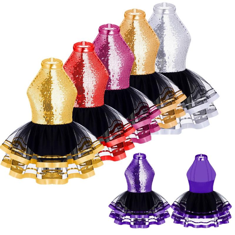 Kids Girls Sparkling Sequins Round Neck Ballet Dance Tutu Dress Gymnastics Modern Dancing Performance Costume