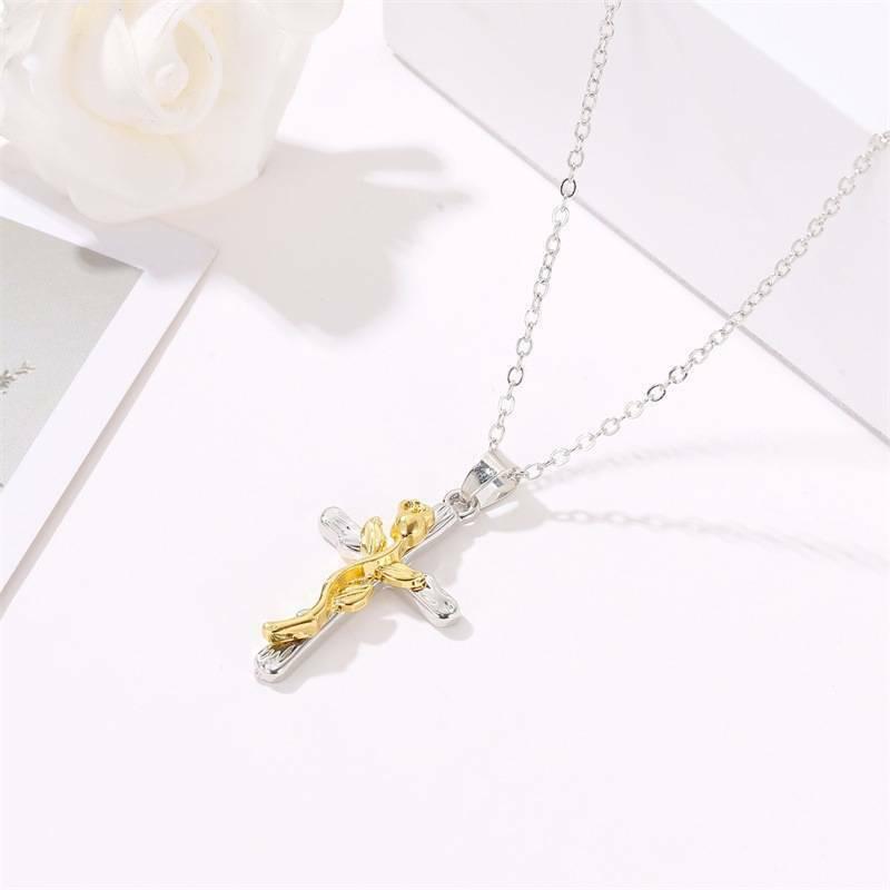 Rose Flower Cross Pendant Chain Necklace Jewelry Gift for Women Jewelry Gift