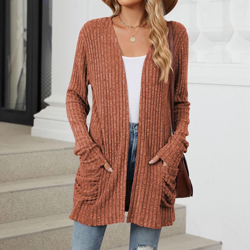 Женская модная повседневная однотонная куртка-кардиган с карманами и длинными рукавами