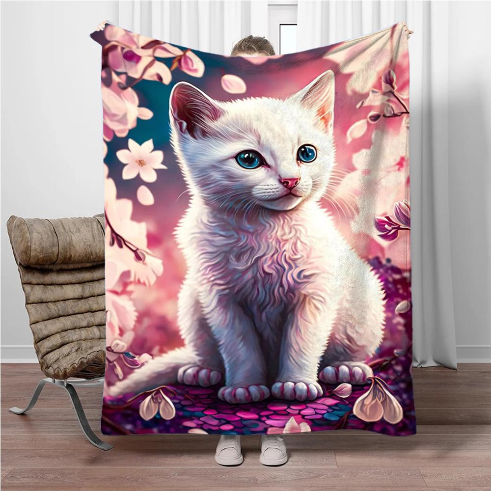 Cats Cherry Blossom Flannel Blanket Children Warm Soft Blanket for Sofa Bed Cover Blanket Suitable for Birthday Souvenir Gifts