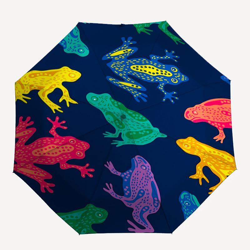 1pc Frogs Pattern Automatic Folding Umbrella - Windproof Compact Travel Umbrella with Auto Open/Close, 8-Rib Heavy-Duty Shaft for Women/Men A010